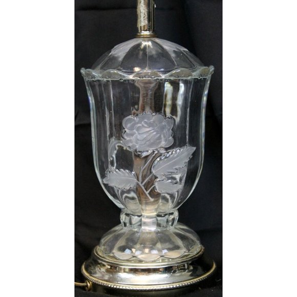 Vtg Frosted Glass Roses Clear Glass 25" Table Lamp No Shade - Picture 2 of 11